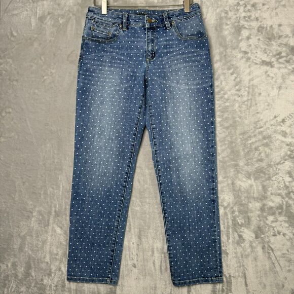 Chicos Plantium Jeans Womens XS Medium Blue White Polka Dot Skimmer Stretch - Picture 1 of 11